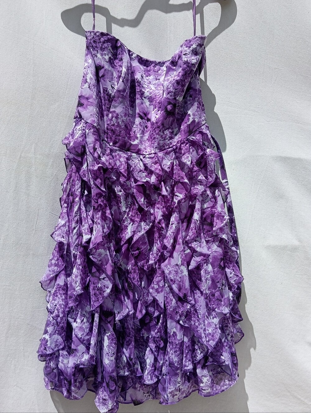 White House Black Market Purple Floral Ruffle Strapless Midi Dress